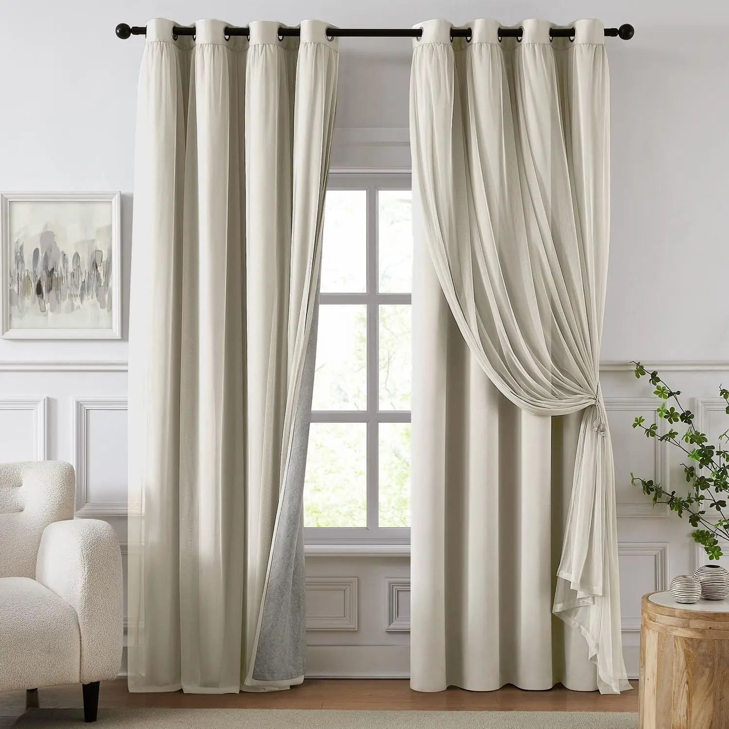 

100% Blackout Curtains for Bedroom, Double Layer Ivory Curtains, Black Out Curtain 96 inch Long with Sheer Overlay for L