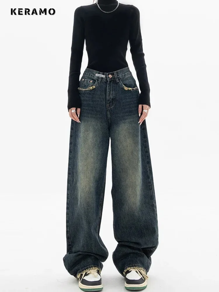

Весенне-осенние широкие джинсы, женские джинсовые брюки с высокой талией, женские джинсы в стиле Харадзюку, винтажная свободная женская уличная одежда в стиле BF