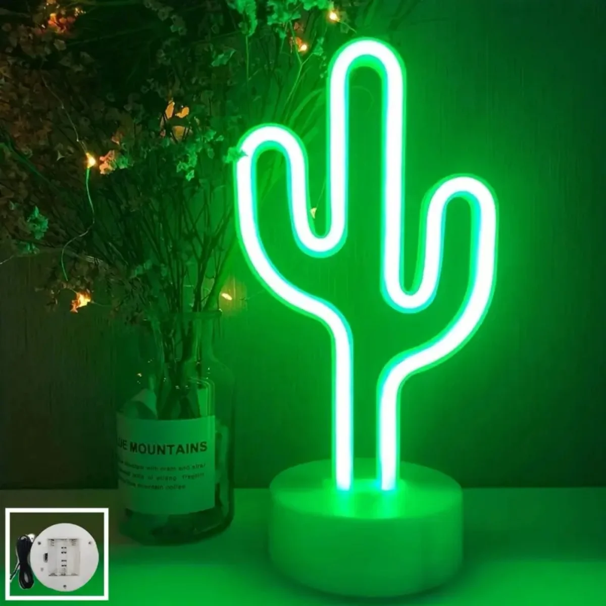 1pc Green LED Cactus Neon Light With Base Decorative Bedroom Light Desktop Night Lamp Suitable For Wedding Birthday Party Decor