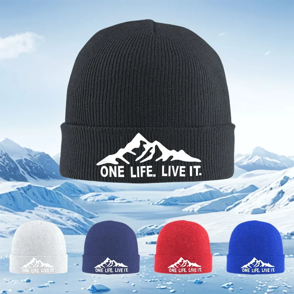 2026 Mountain range,text,adventure,life Men Women Unisex Knitted Hat Beanie Pullover Cap Winter Thermal Warm Christmas Outdoor C