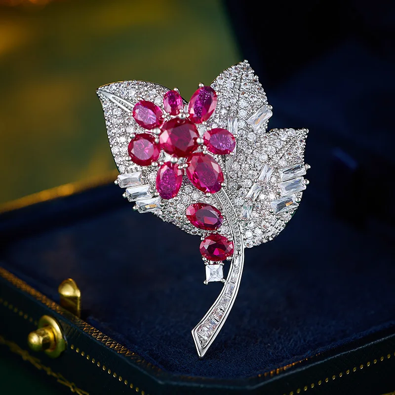 

Luxury Ruby Leaves Flower Brooch for Women,Elegant Suit Accessories Corsage for Autumn and Winter