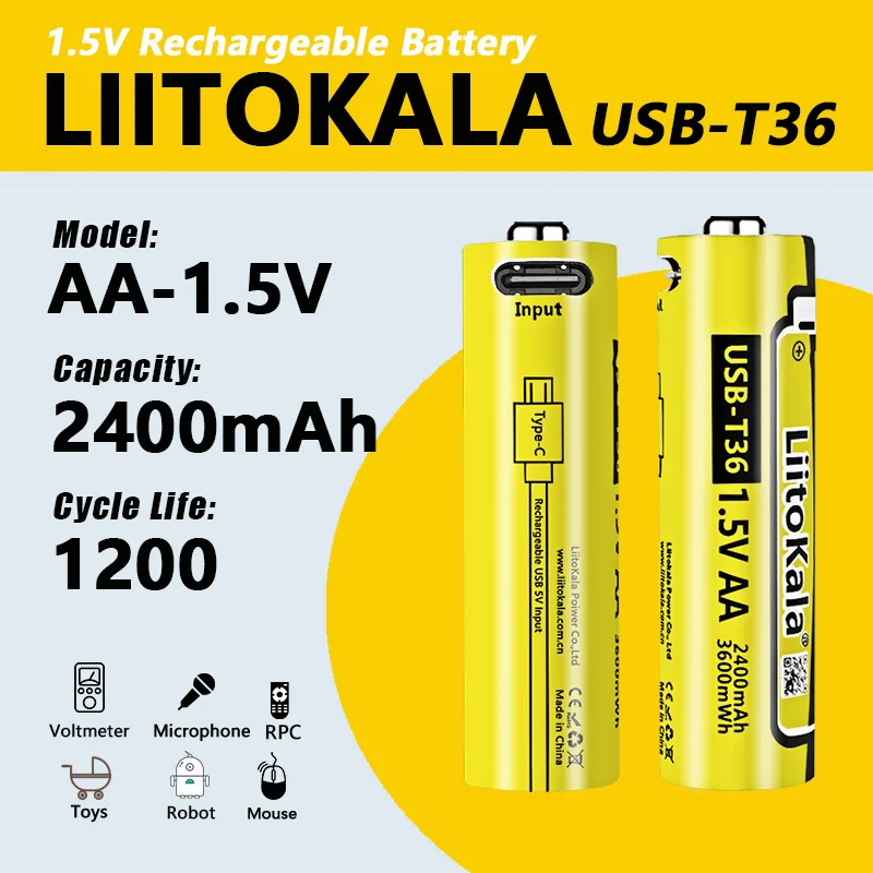 1-40 sztuk LiitoKala USB-T36 1.5V AA 2400mAh akumulator litowo-jonowy do zdalnego sterowania myszką mały wentylator elektryczna bateria do zabawek