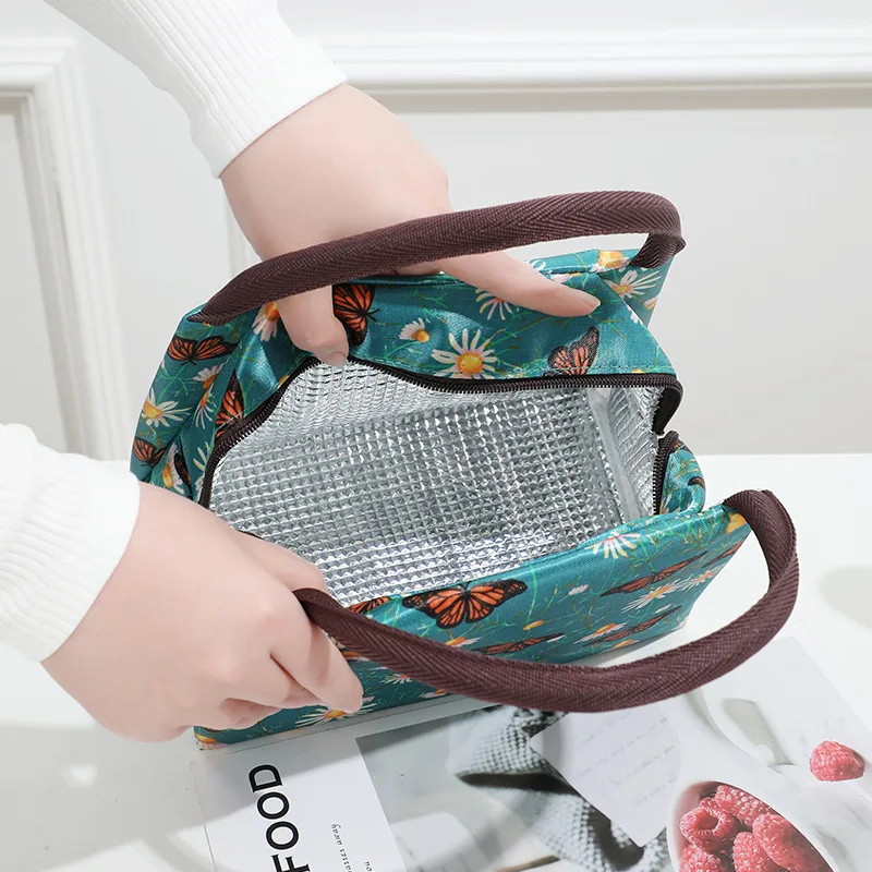 Oxford Cloth Insulated Lunch Bag with Flower Pattern Picnic Travel Breakfast Box Women Convenient Large Capacity Handbag