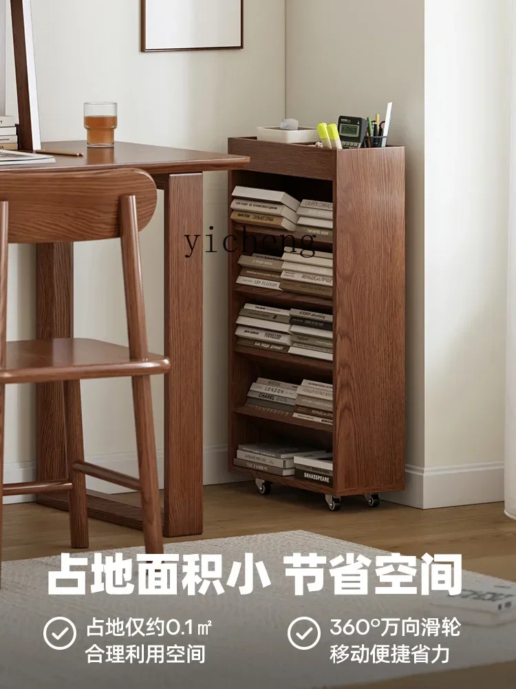 A2 Desk Small Bookshelf Solid Wood Floor Shelf Moving Wheels Floor Cabinet