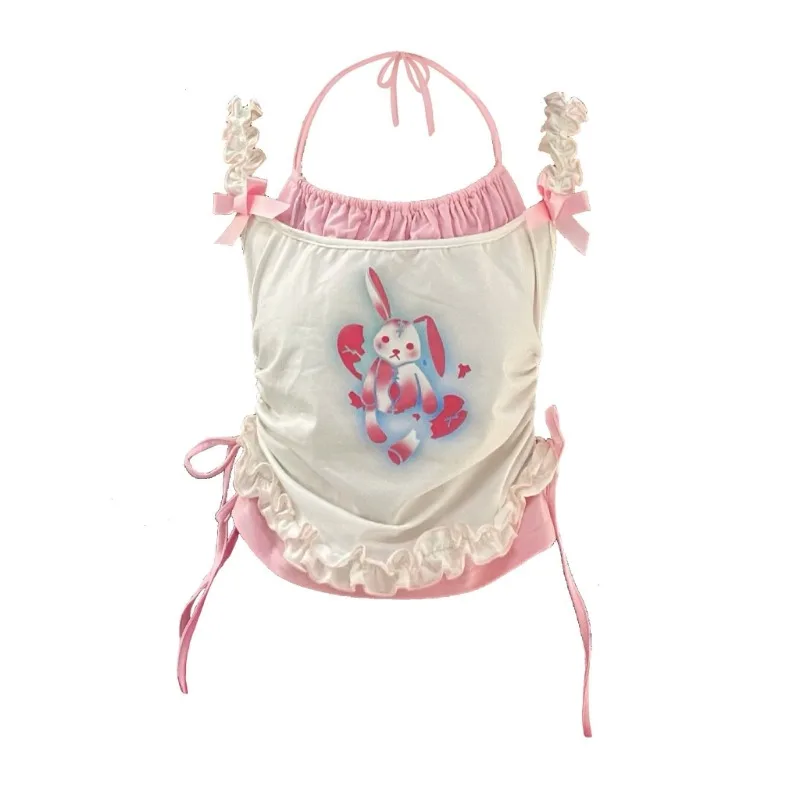 Sweet Cool Y2k Summer 2024 Girl Rabbit Bear Print Halter Vest Tops Chic Cute Camis Women White 2000s Japanese Kawaii Tanks