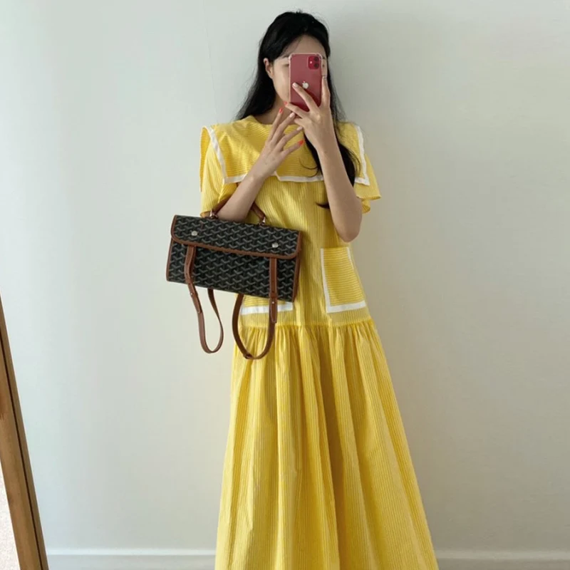 Chic Summer Sweet Youthful Navy Collar Color Blo ort Sve Double ket Striped Long Dr Women's Korean Sle Loose W...