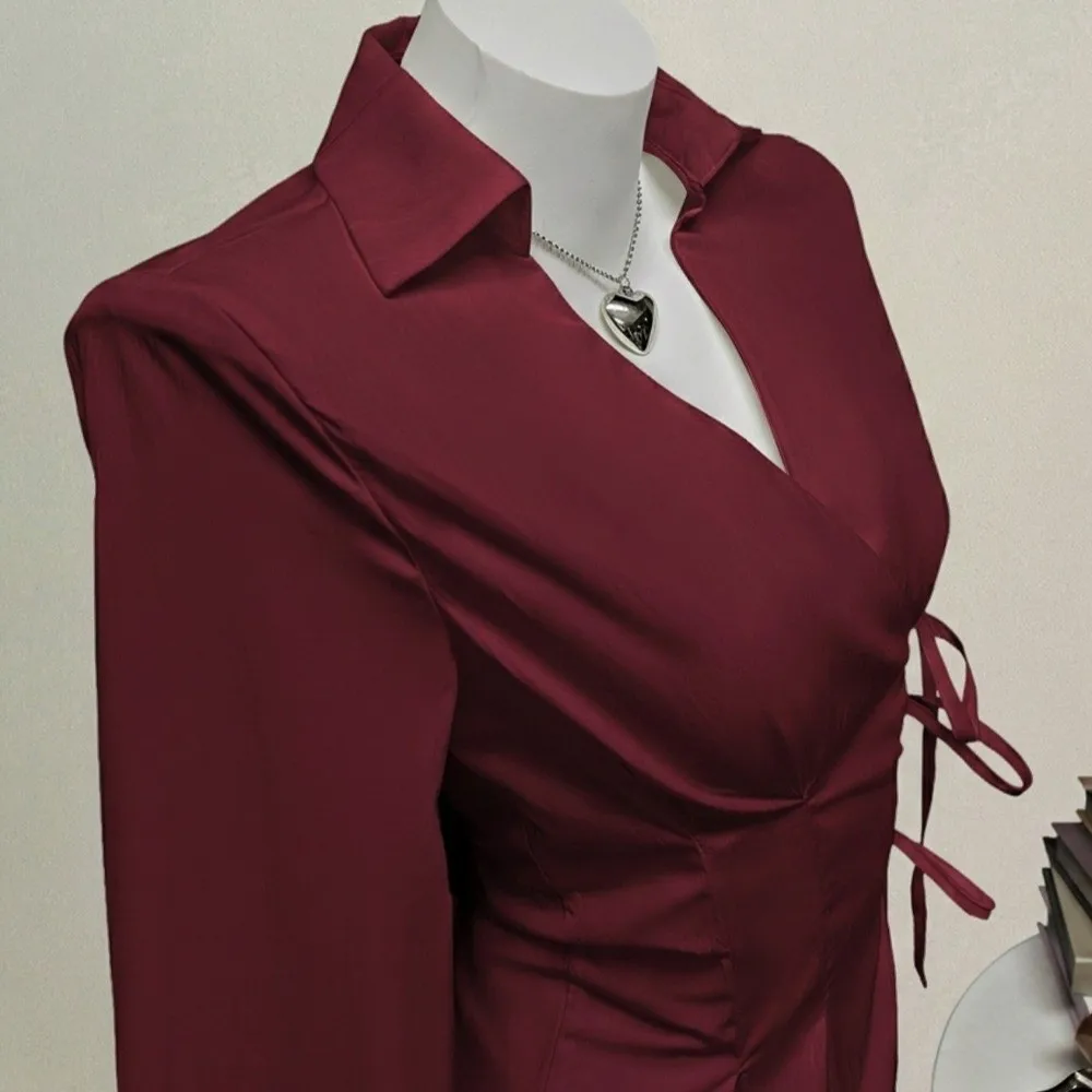 

Chic Long-sleeved Slim Fit Shirt Harajuku Y2K Women Tie-Waist Shirt V-neck Waist Up Cardigan Top Spring Summer