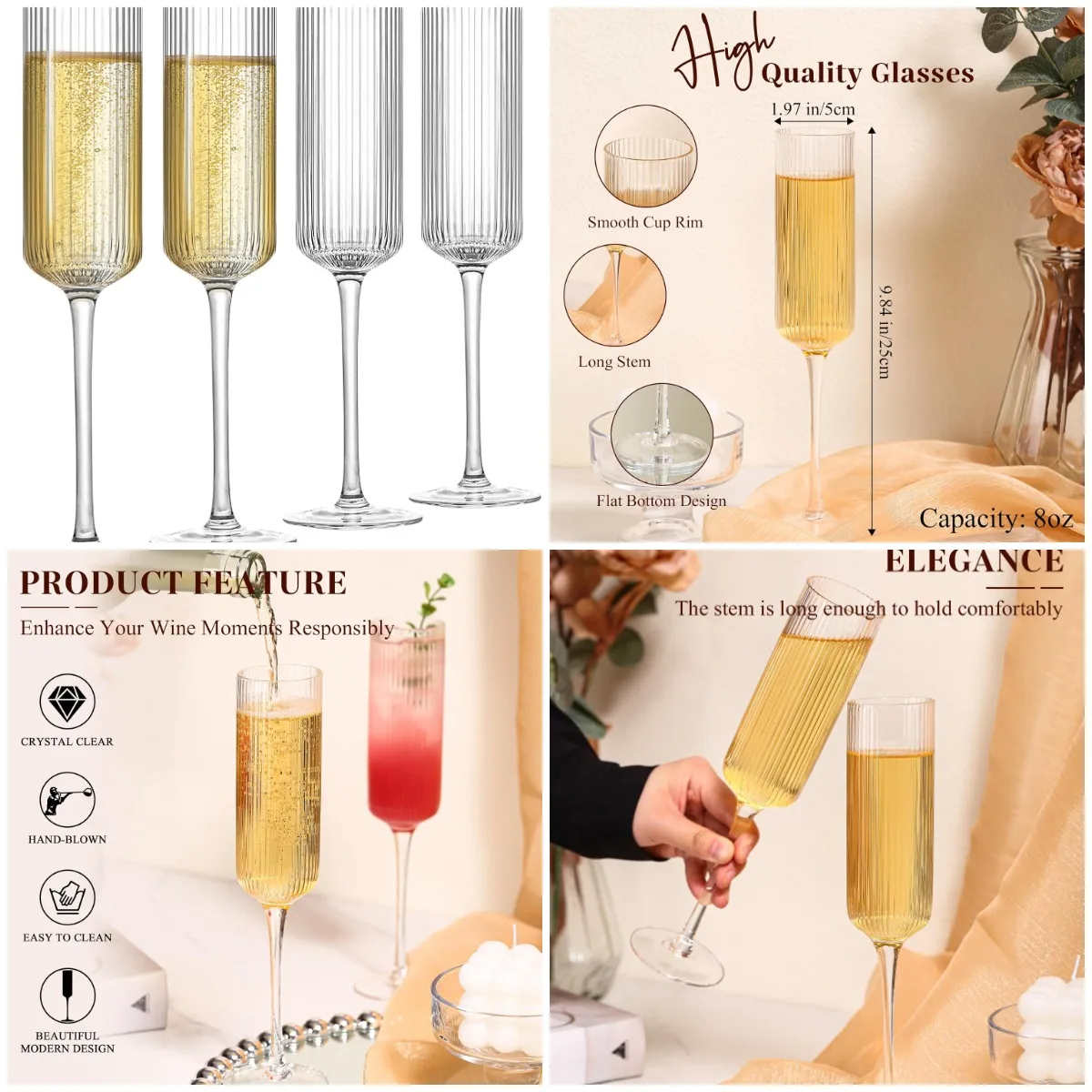 

Champagne Glasses Set of 4, Handmade Lead-Free Flutes, Vintage Mimosa Glasses for Wedding Gift