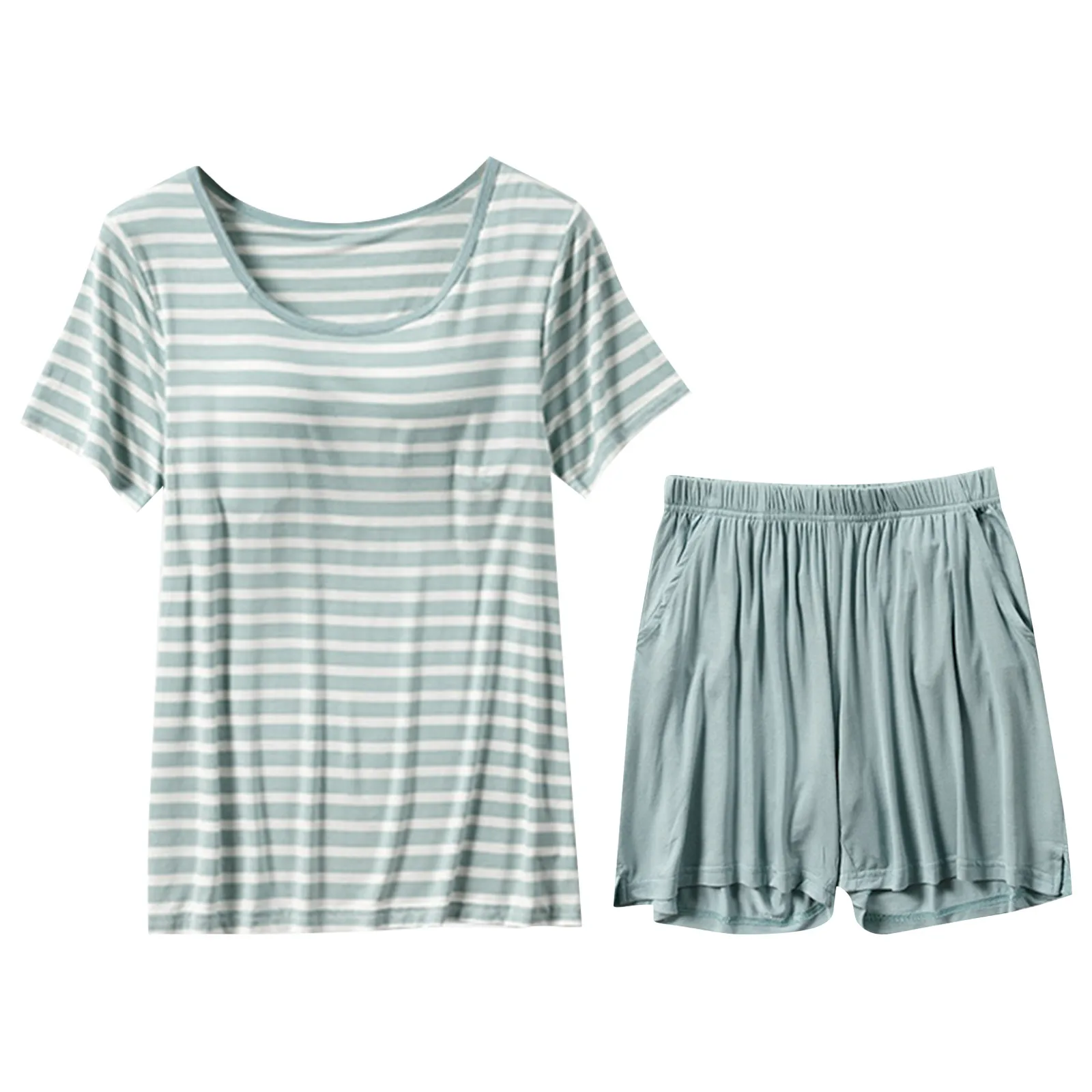 

New Lady Short Sleeve Pajamas Set with Bra Pad Bra One Piece Half Sleeve Shorts Striped Loose Large Size Home Wear Set 2025