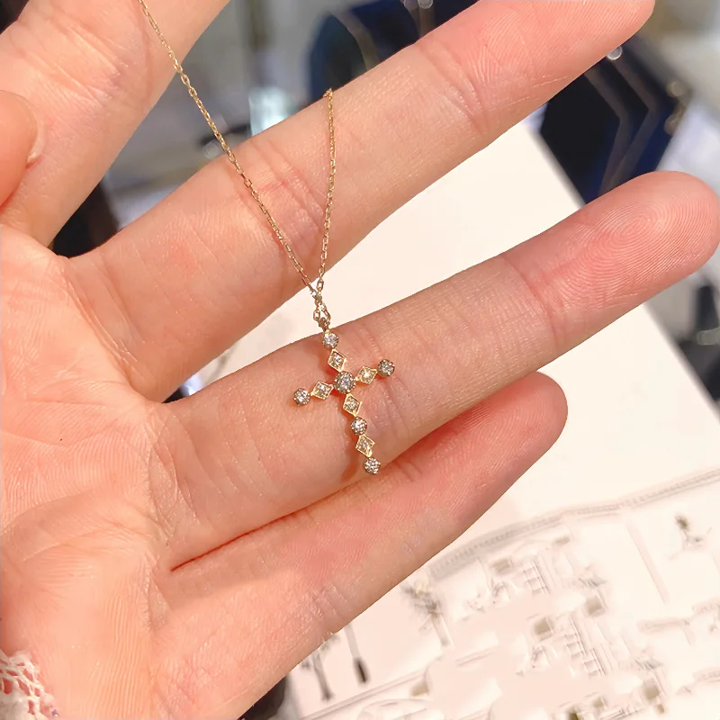 

S925 Sterling Silver Plated 18K Gold Diamond Cross Necklace Women's Niche Light Luxury High Sense Versatile Clavicle Chain