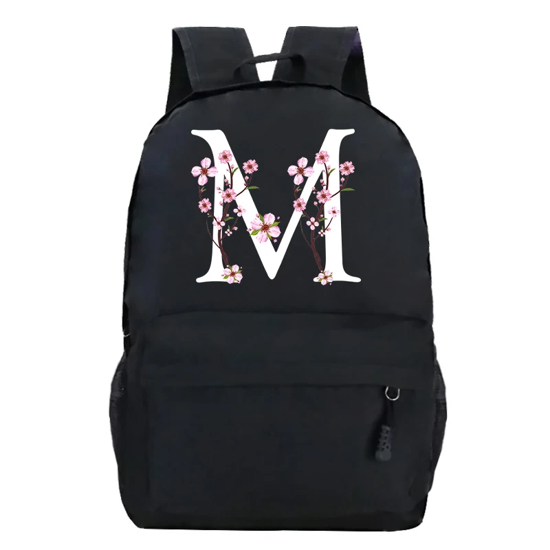 Harajuku Fashion Backpack White Alphabet Sakura Flower A-Z Alphabet Portable Multifunctional Travel Bags Aesthetic Y2k Rucksack