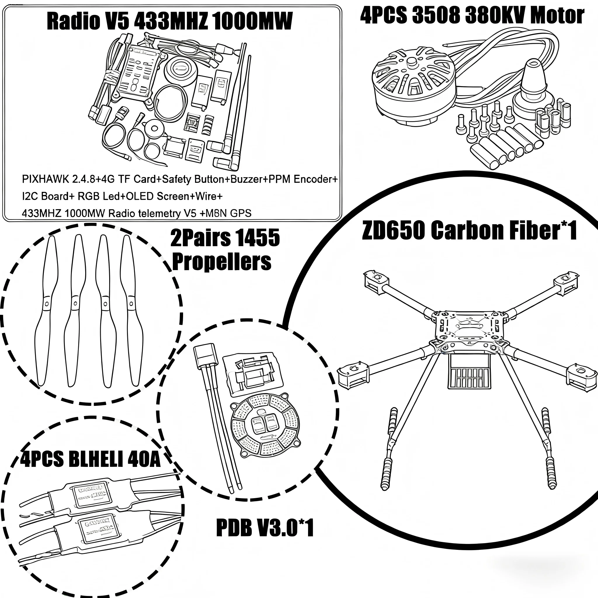 

BCUBE ZD550 550mm/ZD650 650mm Carbon fiber Quadcopter Frame FPV Quad with Carbon Fiber Landing Skid F550