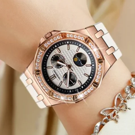 Hanbro Women Quartz Watch 37mm Ladies Wristwatch Luminous Waterproof Sapphire Mirror Multi-Dial Week Date Sun-Moon