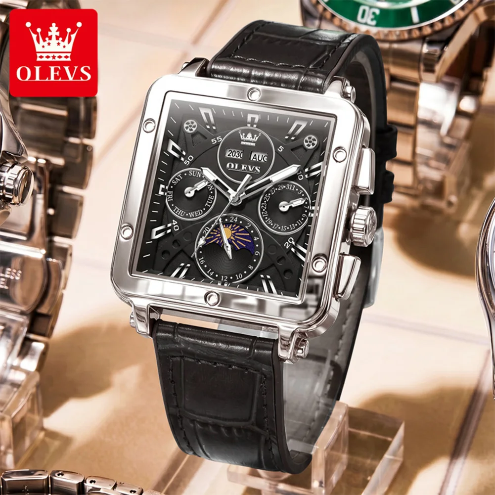Fashion Luxury OLEVS Square Mechanical Watch Men Multifunction Genuine Leather Strap Waterproof Luminous Wristwatch 6749 New
