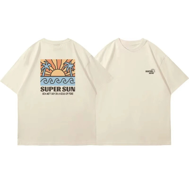 2025 منتج جديد تصميم ريترو سوبر الشمس الطباعة قصيرة الأكمام تي شيرت الرجال والنساء العلامة التجارية العصرية تنوعا القطن الخالص
