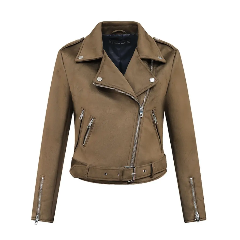 Women's Short Leather Suede Jacket Slim Fit Motorcycle Style European American Design Wholesale Coat for Ladies