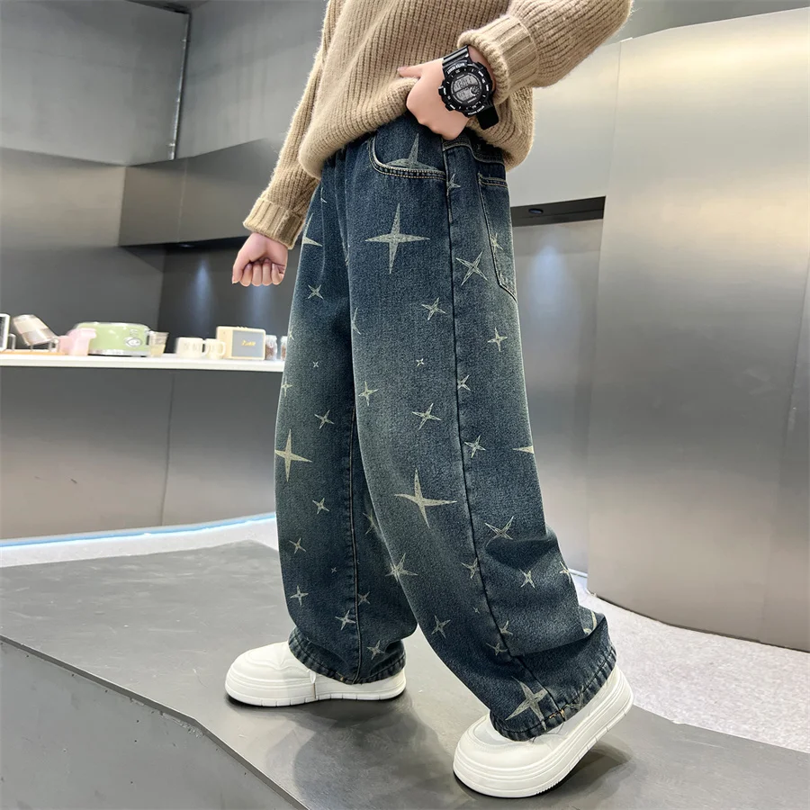 جديد أنيق الاطفال الصبي فضفاض مستقيم الجينز الحراري لفصل الشتاء الدافئة الدنيم السراويل مع نجوم الأطفال سميكة معزول الجينز السراويل