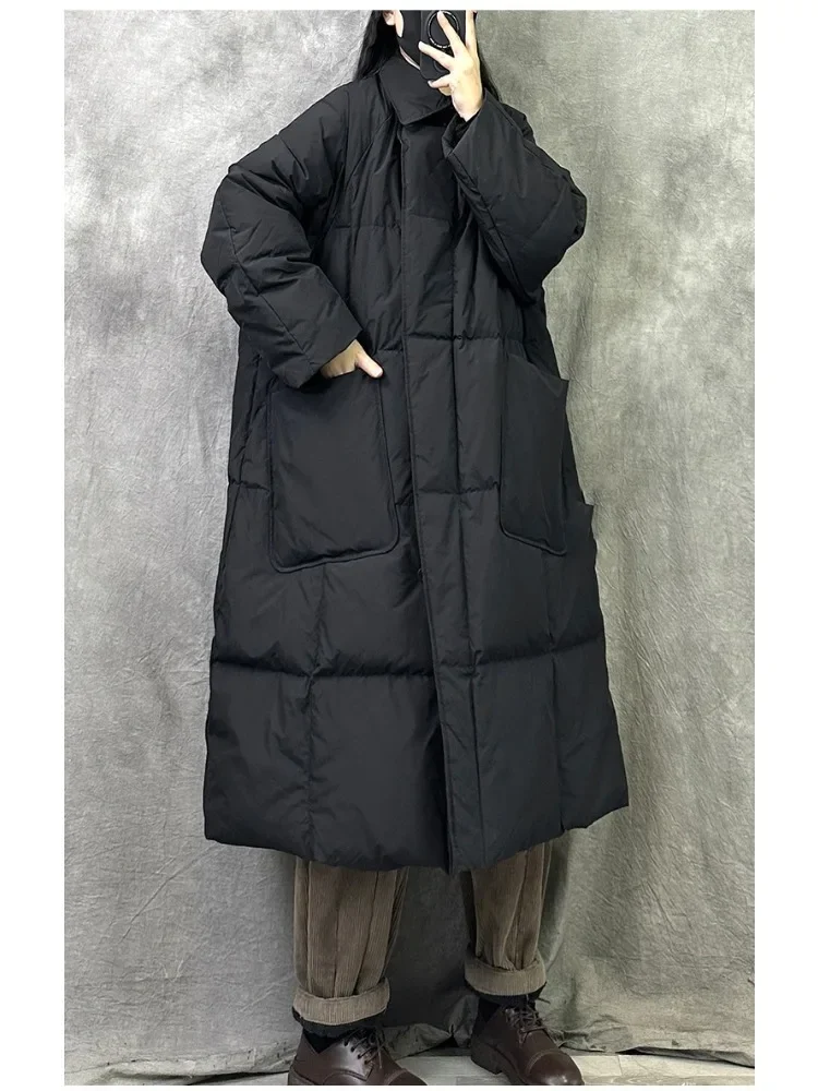 Winter Oversized Warm Down Long Coats Women's White Duck Down Trench Coat Quilted Pockets Thick Loose Down Jacket Outerwear