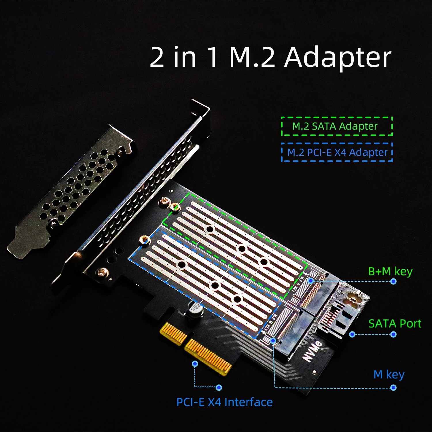 Dual M.2 PCIE NVMe 4.0/3.0 Adapter for M.2 PCIE NVMe SSD and M.2 NGFF SATA SSD