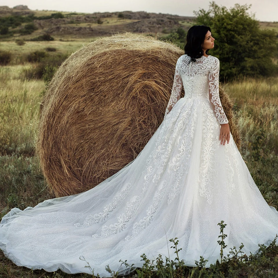 Vestido de novia personalizado con apliques y cuello redondo, corte en A, largo hasta el suelo, cola de barrido, mangas largas, con cordones, hecho a medida, 2024