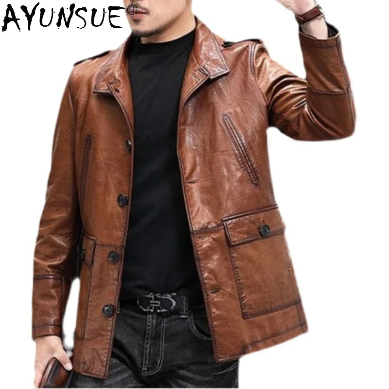 AYUNSUE Real Leather Jacket Men Clothing Oil-wax Sheepskin Motorcycle Men's Jackets Autumn Trenchcoat Jaqueta De Couro Masculino