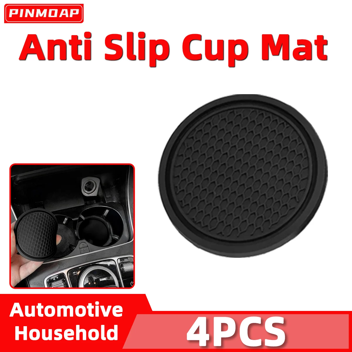 4pcs Car Black Coaster Anti Slip Rubber Mat Rubber Material Insulation Heat-Resistant Coaster Car Interior Accessories