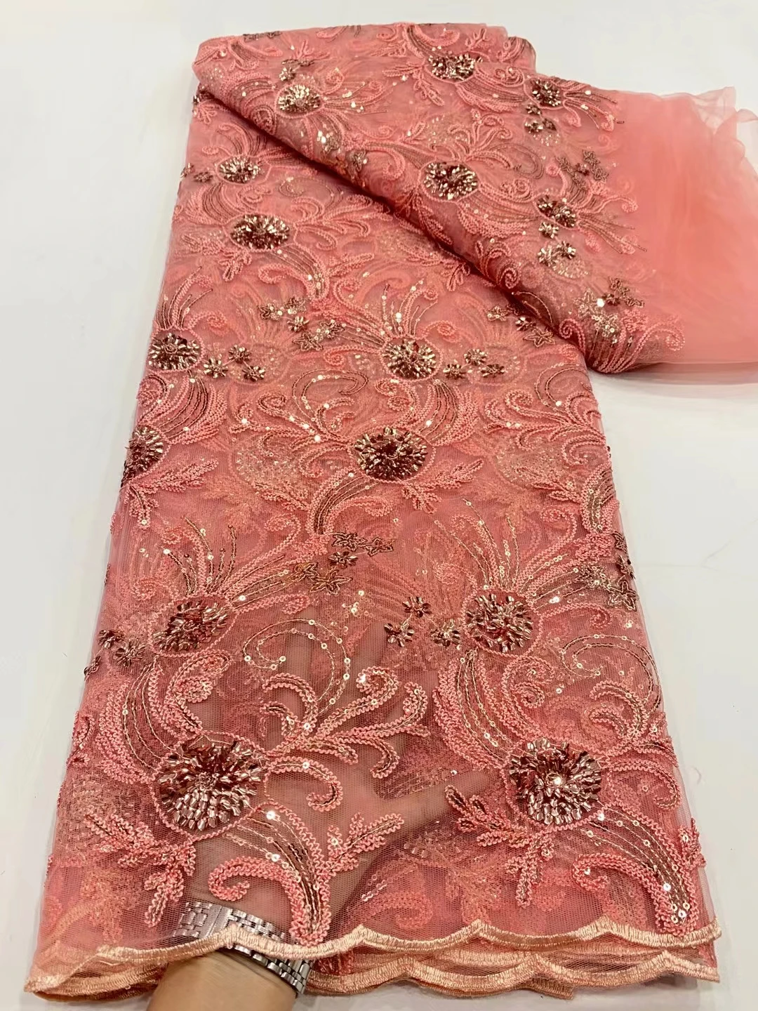 

NDPN282 Peach color African net lace fabric with sequins,nice looking embroidered French tulle lace for party & wedding dress