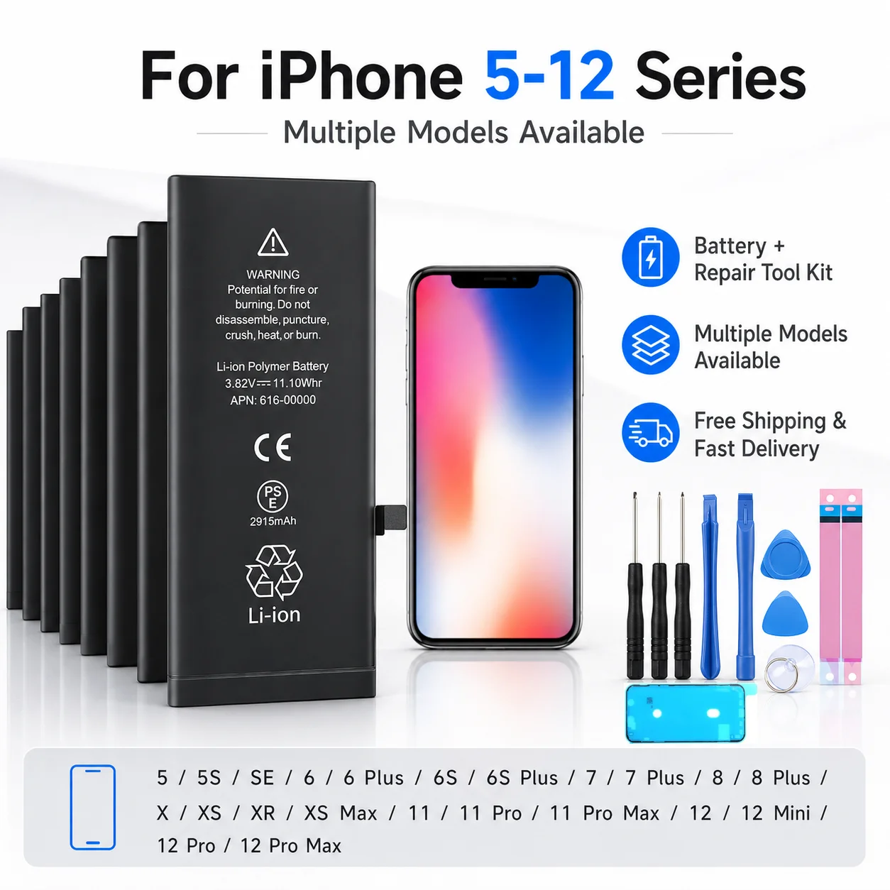 High Capacity Replacement Battery for IPhone 5/6S/7/8Plus/X/XR/XS Max/11/12Pro/13/14Plus Mobile Phone Repair Spare Bateria Parts