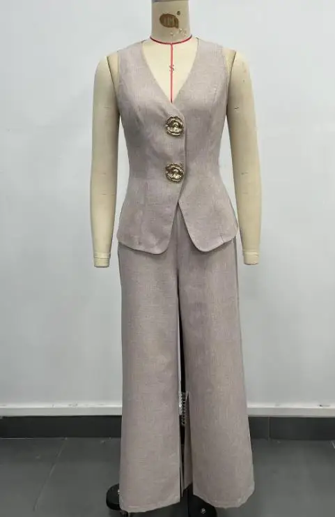 

Two Piece Set Women Outfit 2026 New Spring Solid Color Breathable V-Neck Sleeveless Vest & High Waist Slit Wide Leg Pants Set