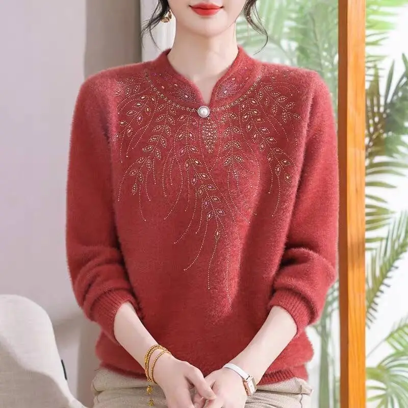 

2026 Autumn Winter Women's Plus Velvet Padded Pullover Warm Mink Velvet Knitwear Ladies Middle-aged Elderly Female Sweater Top