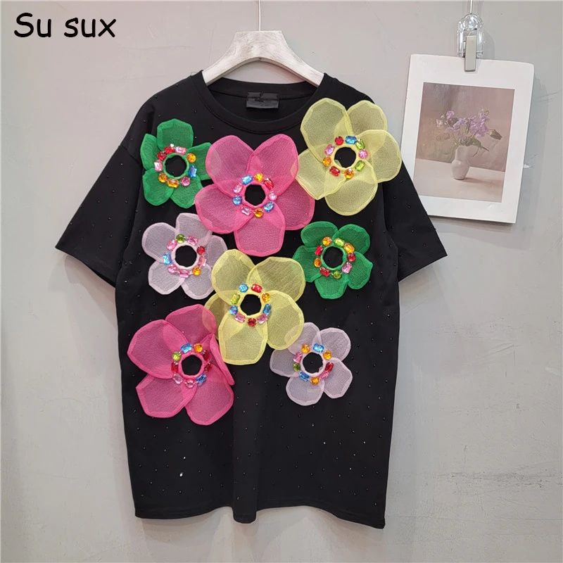 Beading Stereoscopic Flower Short Sleeve T-shirt Women Top Y2k Casual O Neck Tees Korean Popular Clothes Sweet Girl Streetwear