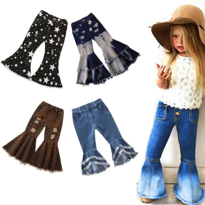 Girl Flared Jeans Ripped Jeans Wide Leg Casual Trousers Capris Pants Oversize Teenage Denim Shorts Clothes for 1 to 10T Childr }