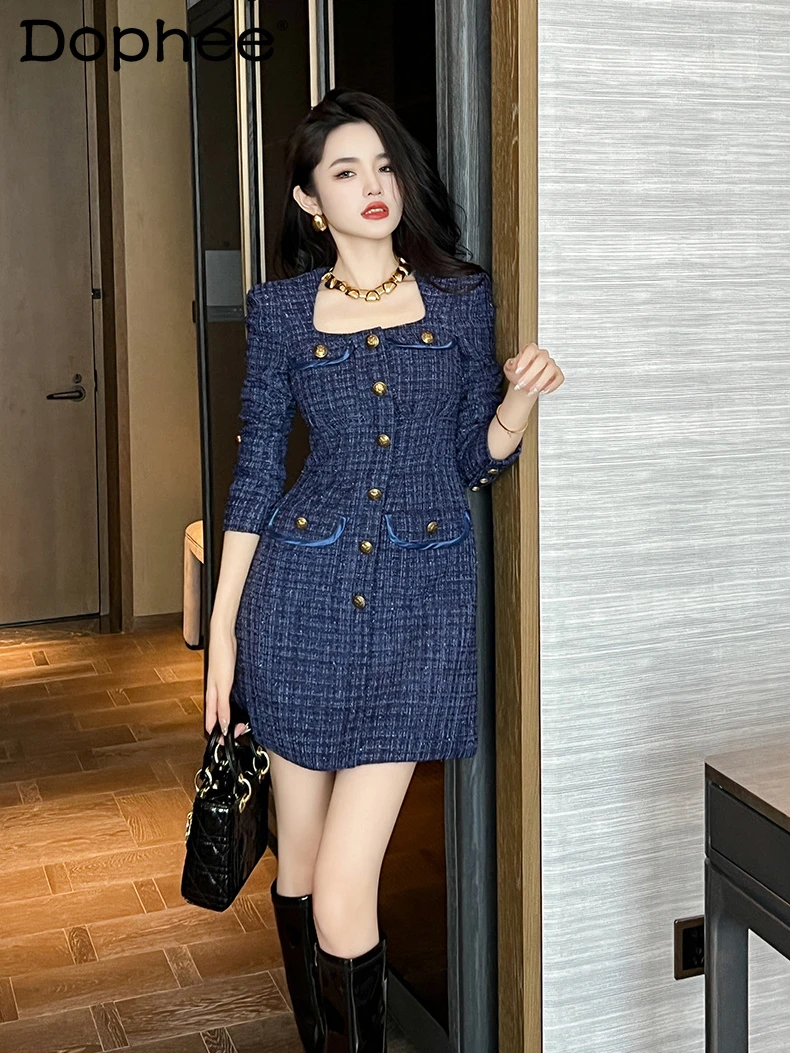 

2024 Autumn Winter New Women's Clothing Retro Temperament Square Collar Tweed Dress French Elegant Commuter A-shaped Dresses