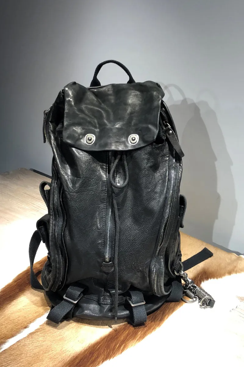 PNDME-Mochila De cuero genuino de gran capacidad para hombre y mujer, organizador de lujo, color negro, para viajes al aire libre