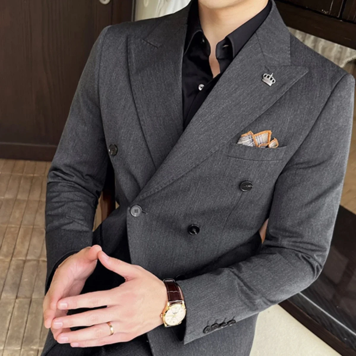 Korean Slim Fitt Double Breasted Blazer Jacket Men Clothing 2023 Autumn Casual Business Blazers Office Social Wedding Dress Coat