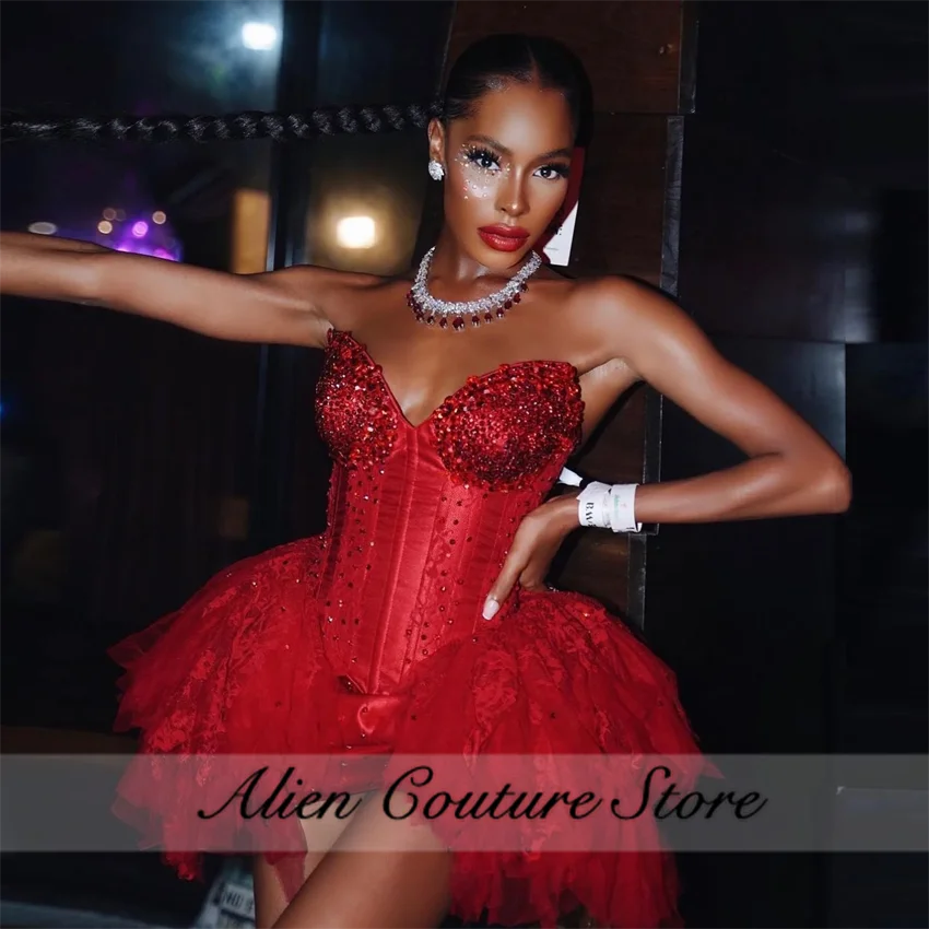 Robe de Rhcourte rouge sexy pour fille noire, mini robe de cocktail chérie, perles, diamants, dentelle de luxe, robe d'anniversaire personnalisée, nouveau