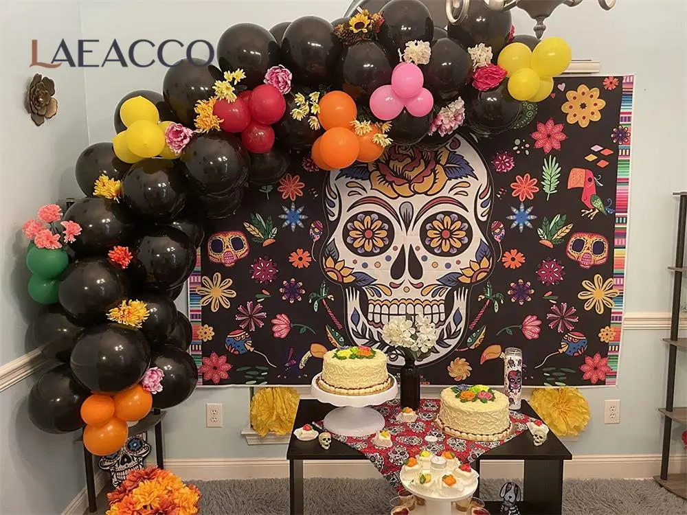 Day of The Dead Backdrop Mexican Fiesta Sugar Skull Flowers Dia DE Los Muertos Dress-up Party Photography Background Photo Booth