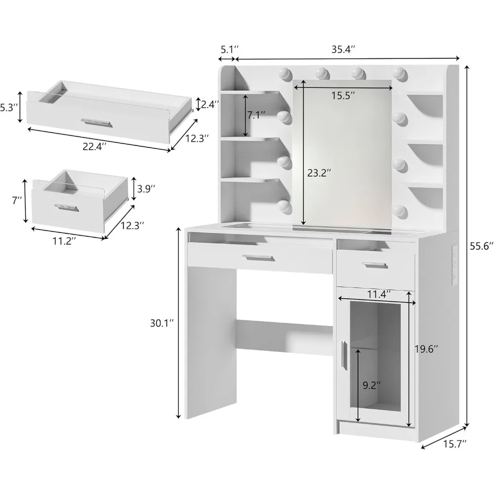 Meja Rias dengan Cermin dan Lampu Meja Rias Rias dengan Lampu 3 Warna Meja Rias Atas Transparan dengan 2 Laci RGB