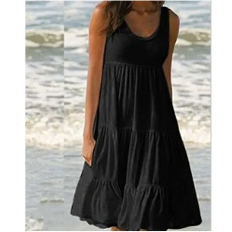 Summer Dress Women Sandy Beach Fashion Sleeveless Round Neck Stitching Trend Sexy Knee-Length Dress