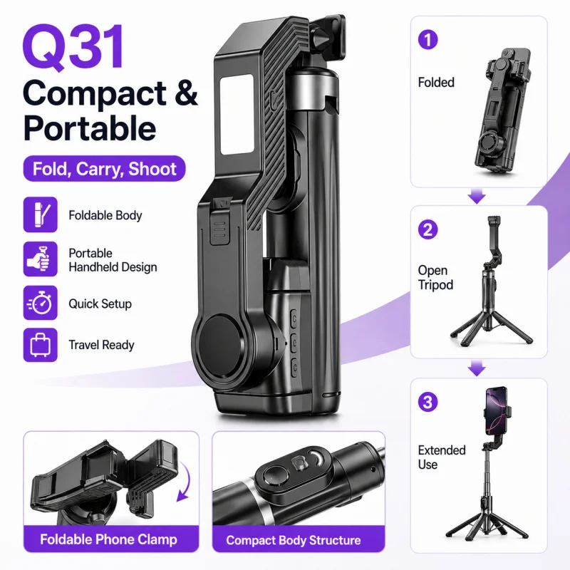 Single-Axis Phone Gimbal Stabilizer, Anti-Shake Extendable Bluetooth Selfie Stick Tripod for Vlog Live Streaming Travel