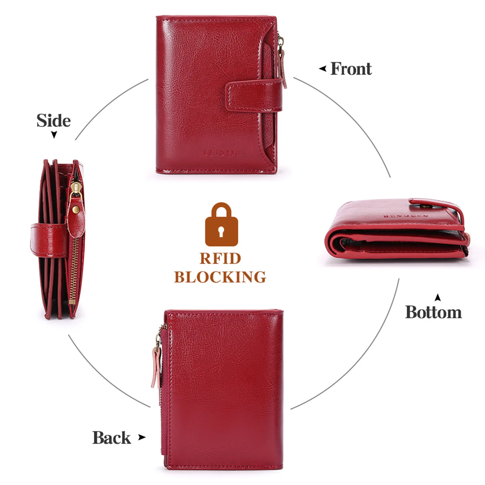Ladies Short Genuine Leather Wallet RFID Blocking Multi Card Slots Zipper Coin Purse Buckle Female Small Purse