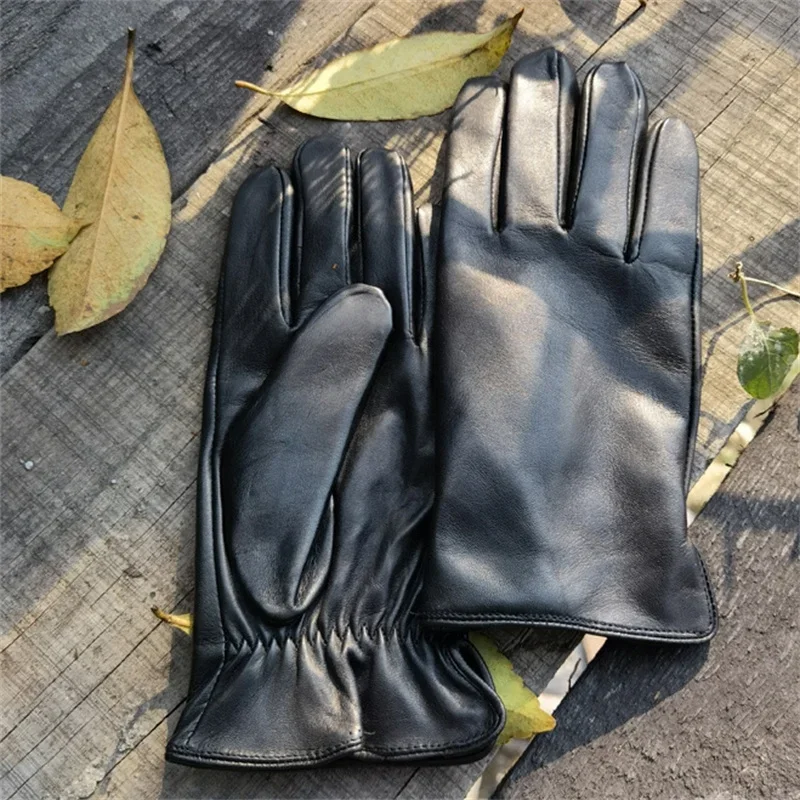 Men's Sheepskin Driving Gloves Solid Color Plus Velvet Touch Screen Fashion Ripple Riding Motorcycle Gloves