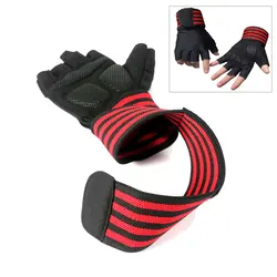 Guantes de entrenamiento de medio dedo para hombres y mujeres, envolturas de muñeca rojas para levantamiento de pesas, gimnasio, culturismo