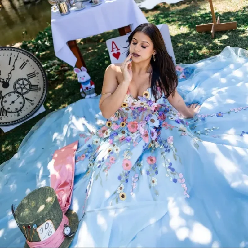 

Голубое платье Quinceanera цвета морской волны, блестящая 3D цветочная наклейка, длинный хвост, Vestidos De 15, Quinceanera ﻿ Настроить
