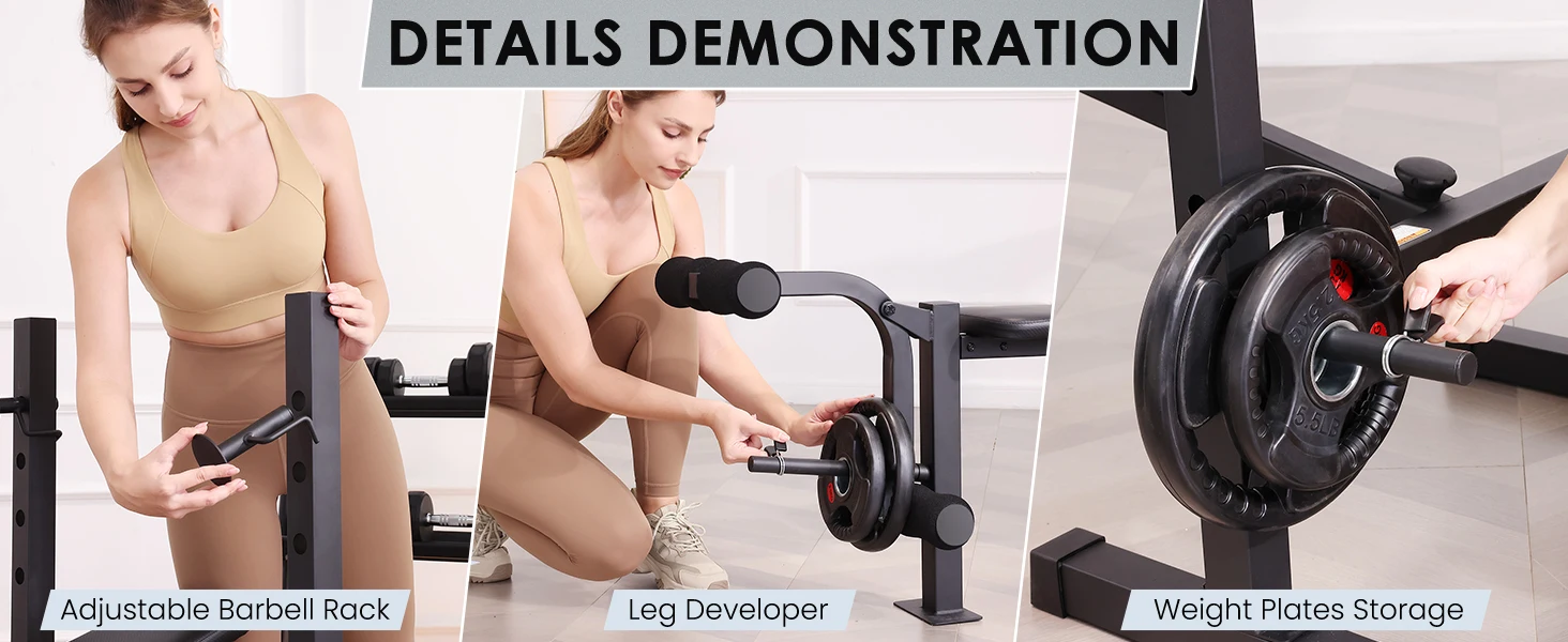 Description Picture 4 of itemStandard Adjustable Weight Bench Set, Bench Press with Squat Rack & Leg Extension and Leg Curl Workout Bench for Home Gym Full B