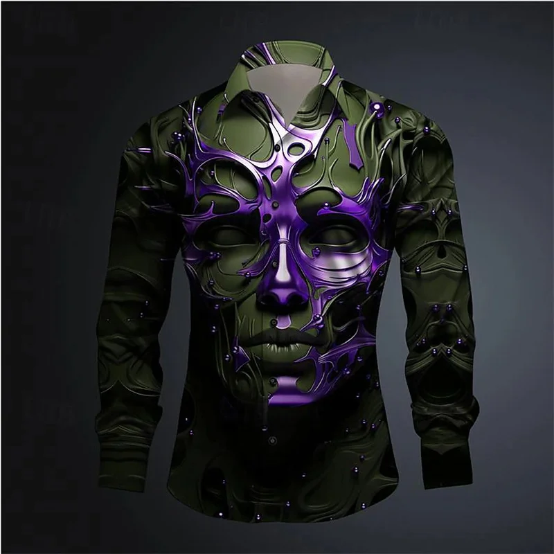 Mask Men\'s subculture casual 3D printed shirt Party Street Resort Spring/Summer lapel long-sleeved shirt