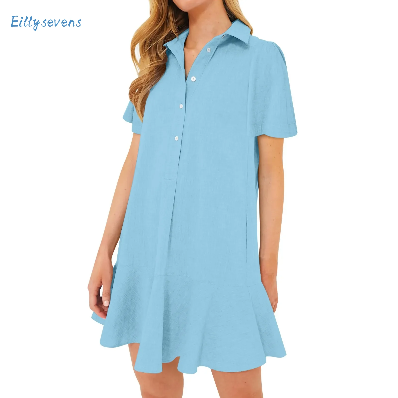 

Women'S Short Sleeve Dresses Fashion Casual Half Open Shirt Lapel Ruffle Hem Lightweight Dress Cclassic Simple Solid Dress