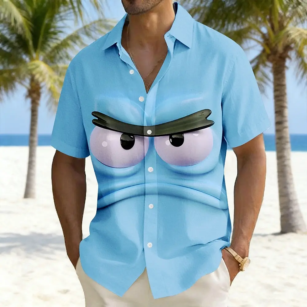 Heren optische illusie 3D cartoon boos gezicht shirts zomer shirt button-up shirt korte mouw grappig outdoor vakantie dagelijkse kleding