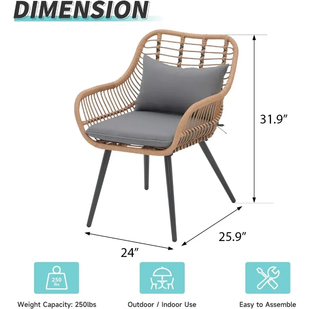 Set kursi taman 2, Set tempat duduk anyaman dengan bantal lembut untuk penggunaan dalam ruangan & luar ruangan, kursi makan anyaman Modern untuk halaman belakang