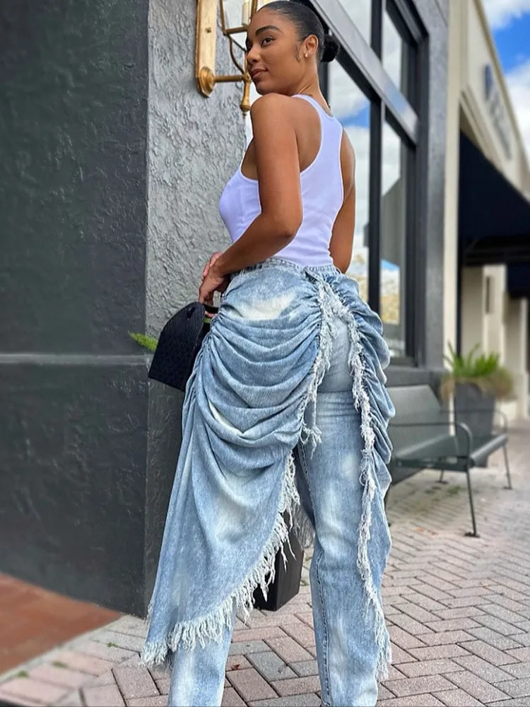 

High Waist Straight Leg Jeans Women's Fashion Personality Pleated Frayed Denim Spring Season Ladies Polyester Fiber